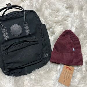 Fjallraven Black Backpack and Burgundy Beanie